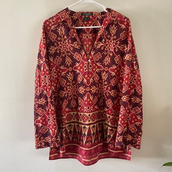 Lauren Ralph Lauren Popover Tunic Top Womens XL Red Southwest Bohemian Casual - Picture 1 of 11